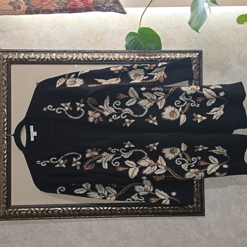 #190. Chicos Global Fusion Cardigan Sweater, Black Floral - Picture 3 of 7
